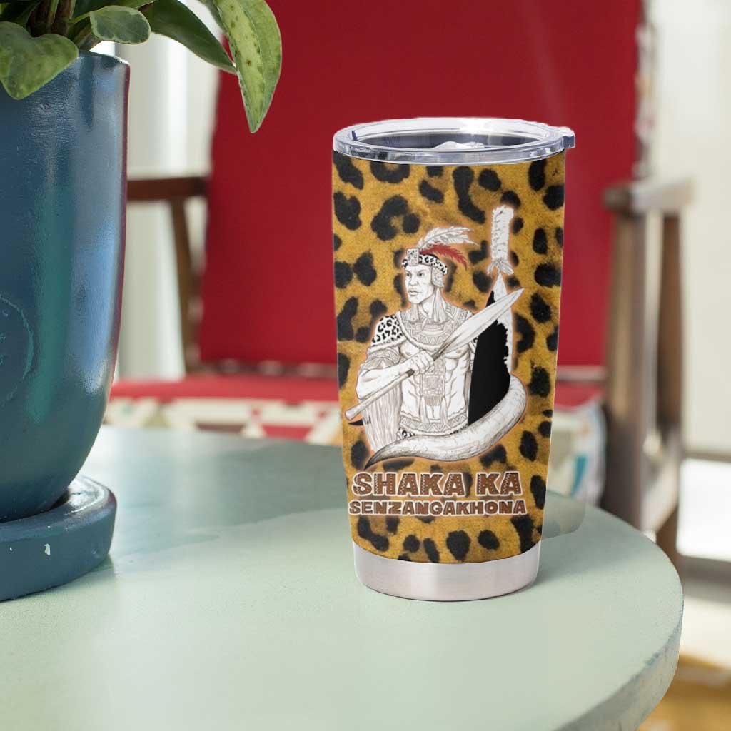 Shaka Zulu Tumbler Cup Leopard Print Design Traditional Warrior Spear and Shield Illustration Tribal King - African Pride