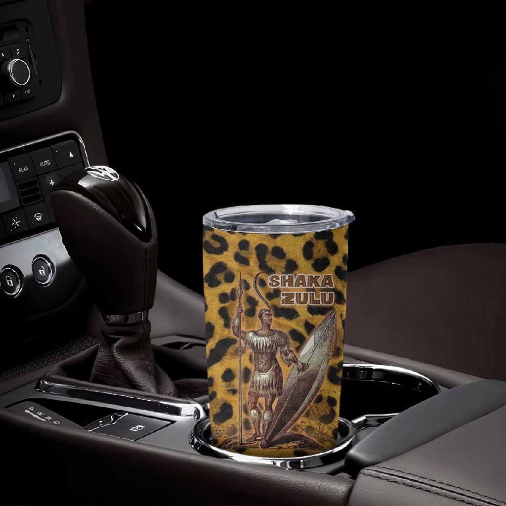 Shaka Zulu Tumbler Cup Leopard Print Design Traditional Warrior Spear and Shield Illustration Tribal King - African Pride