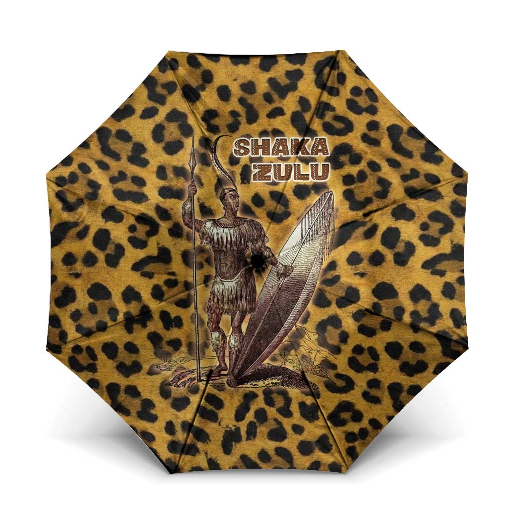 Shaka Zulu Umbrella Leopard Print Design Traditional Warrior Spear and Shield Illustration Tribal King - African Pride