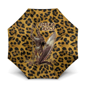 Shaka Zulu Umbrella Leopard Print Design Traditional Warrior Spear and Shield Illustration Tribal King - African Pride