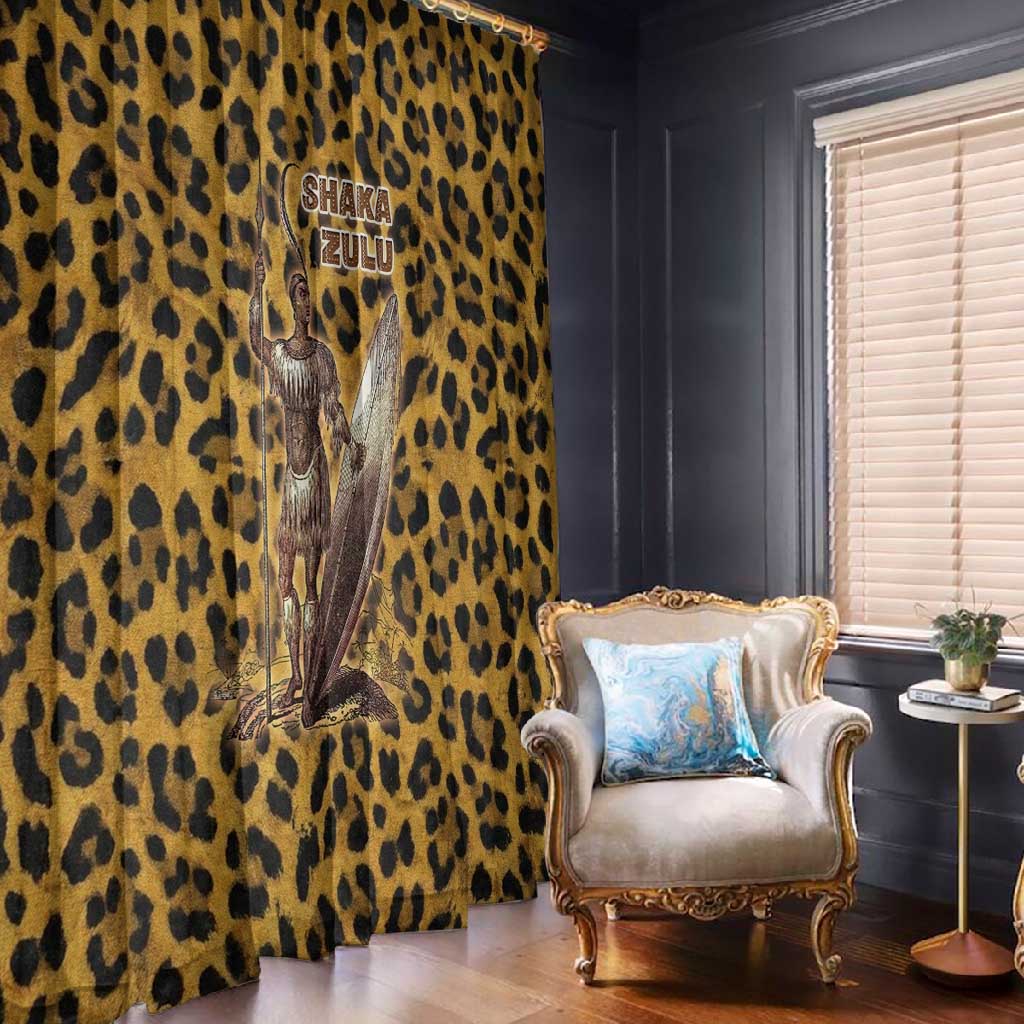 Shaka Zulu Window Curtain Leopard Print Design Traditional Warrior Spear and Shield Illustration Tribal King - African Pride