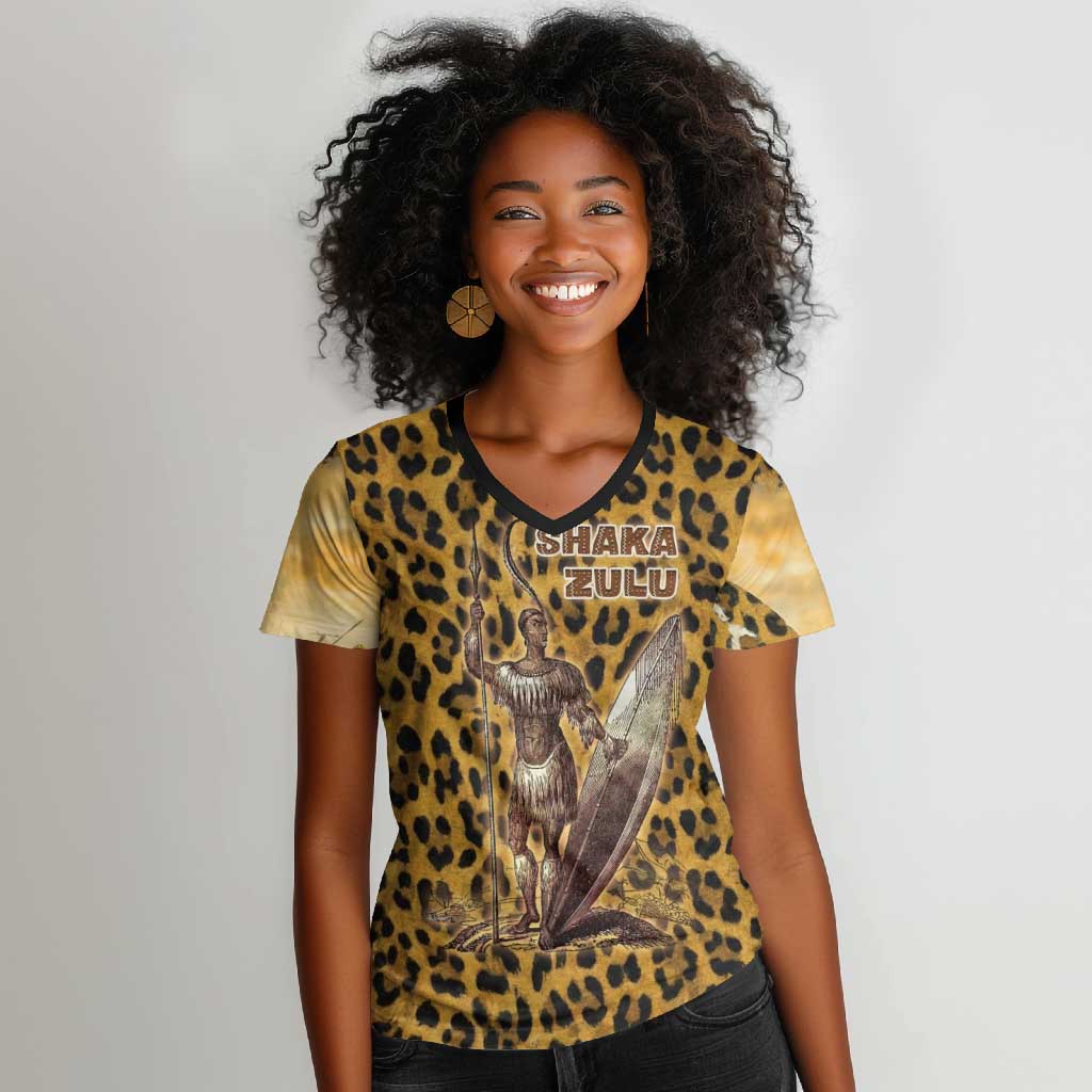 Shaka Zulu Women V-Neck T-Shirt Leopard Print Design Traditional Warrior Spear and Shield Illustration Tribal King - African Pride