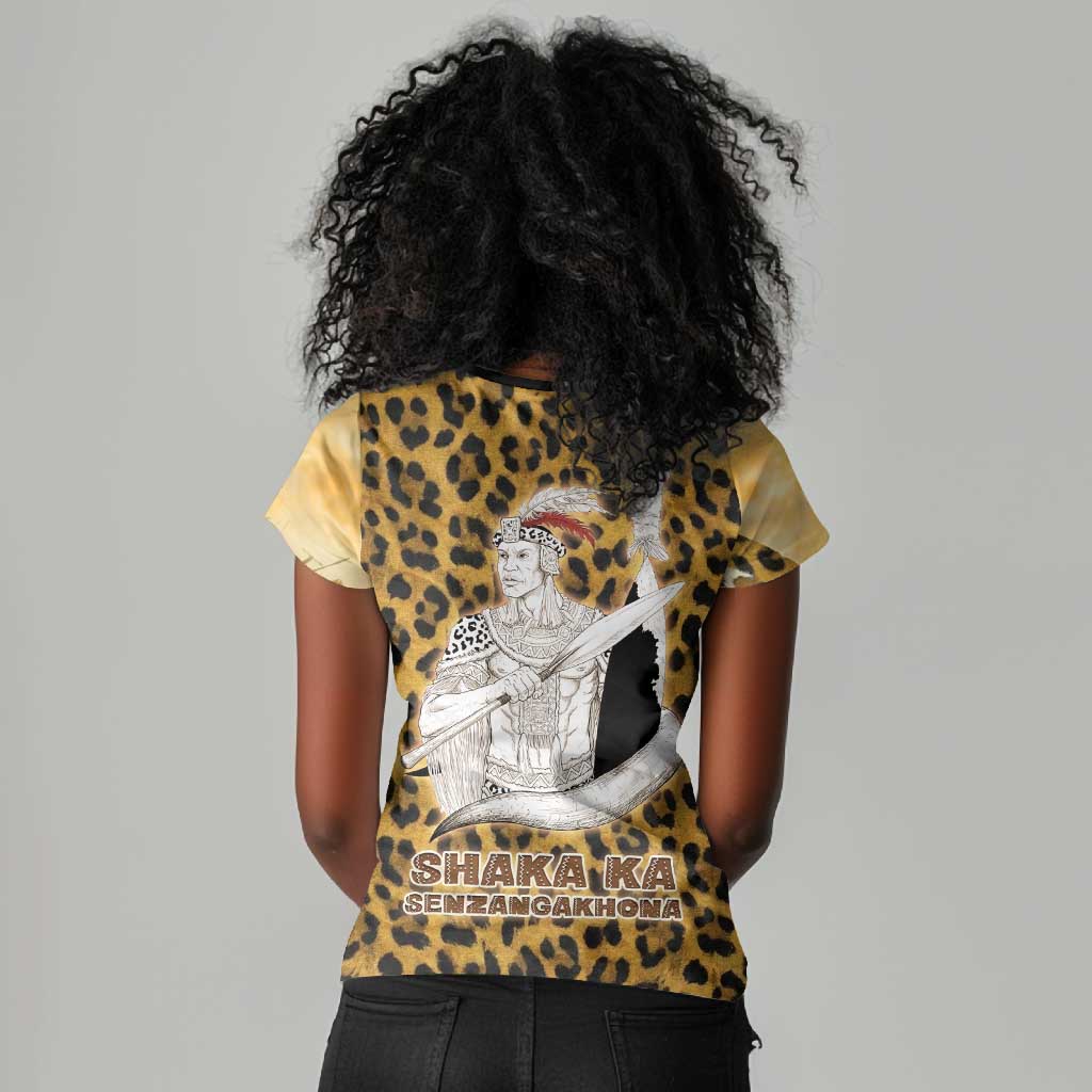 Shaka Zulu Women V-Neck T-Shirt Leopard Print Design Traditional Warrior Spear and Shield Illustration Tribal King - African Pride