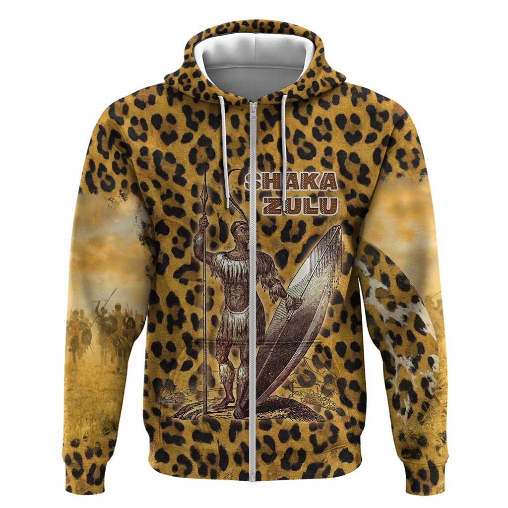 Shaka Zulu Zip Hoodie Leopard Print Design Traditional Warrior Spear and Shield Illustration Tribal King - African Pride