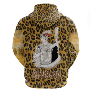 Shaka Zulu Zip Hoodie Leopard Print Design Traditional Warrior Spear and Shield Illustration Tribal King - African Pride