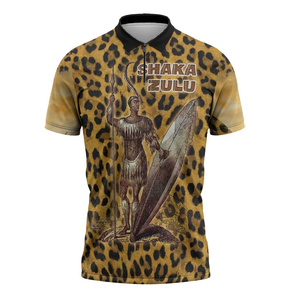 Shaka Zulu Zipper Polo Shirt Leopard Print Design Traditional Warrior Spear and Shield Illustration Tribal King - African Pride