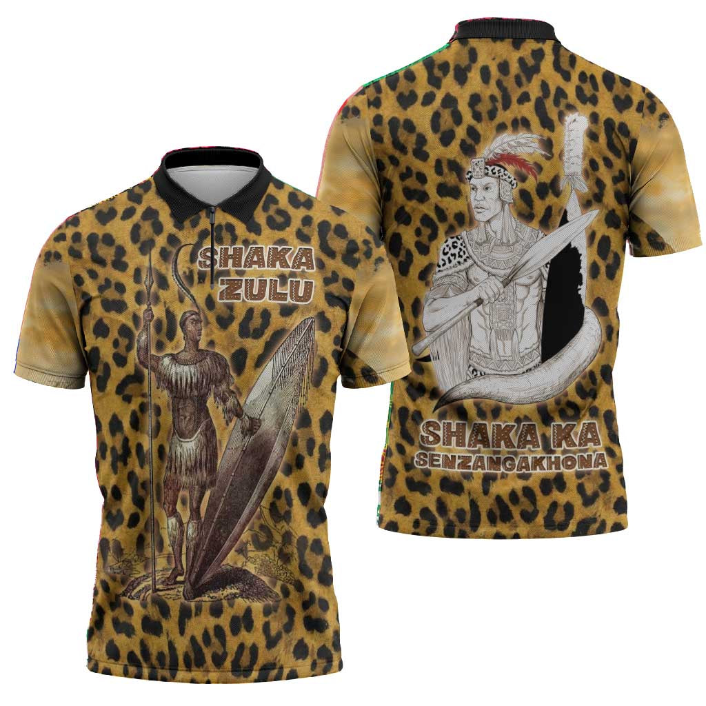 Shaka Zulu Zipper Polo Shirt Leopard Print Design Traditional Warrior Spear and Shield Illustration Tribal King - African Pride