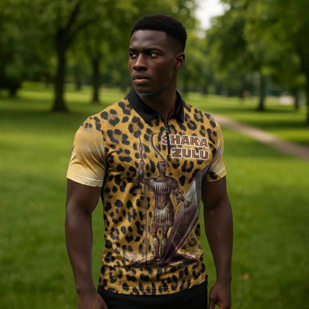 Shaka Zulu Zipper Polo Shirt Leopard Print Design Traditional Warrior Spear and Shield Illustration Tribal King - African Pride
