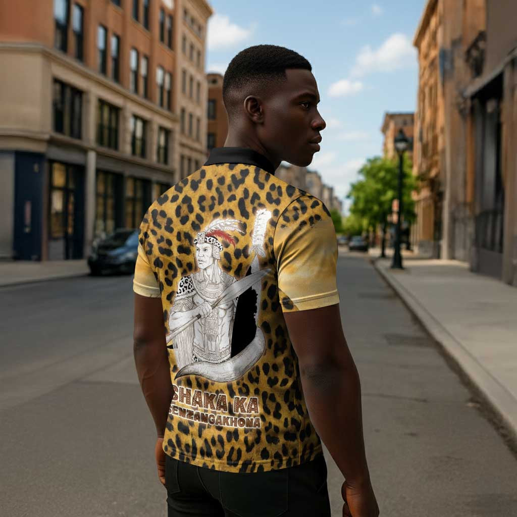 Shaka Zulu Zipper Polo Shirt Leopard Print Design Traditional Warrior Spear and Shield Illustration Tribal King - African Pride