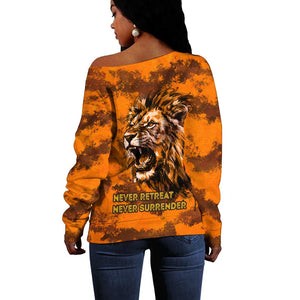 Shaka Zulu Off Shoulder Sweater Warrior Fiery Roaring Lion - Never Retreat Never Surrender African Strength and Courage - African Pride