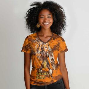 Shaka Zulu Women V-Neck T-Shirt Warrior Fiery Roaring Lion - Never Retreat Never Surrender African Strength and Courage - African Pride