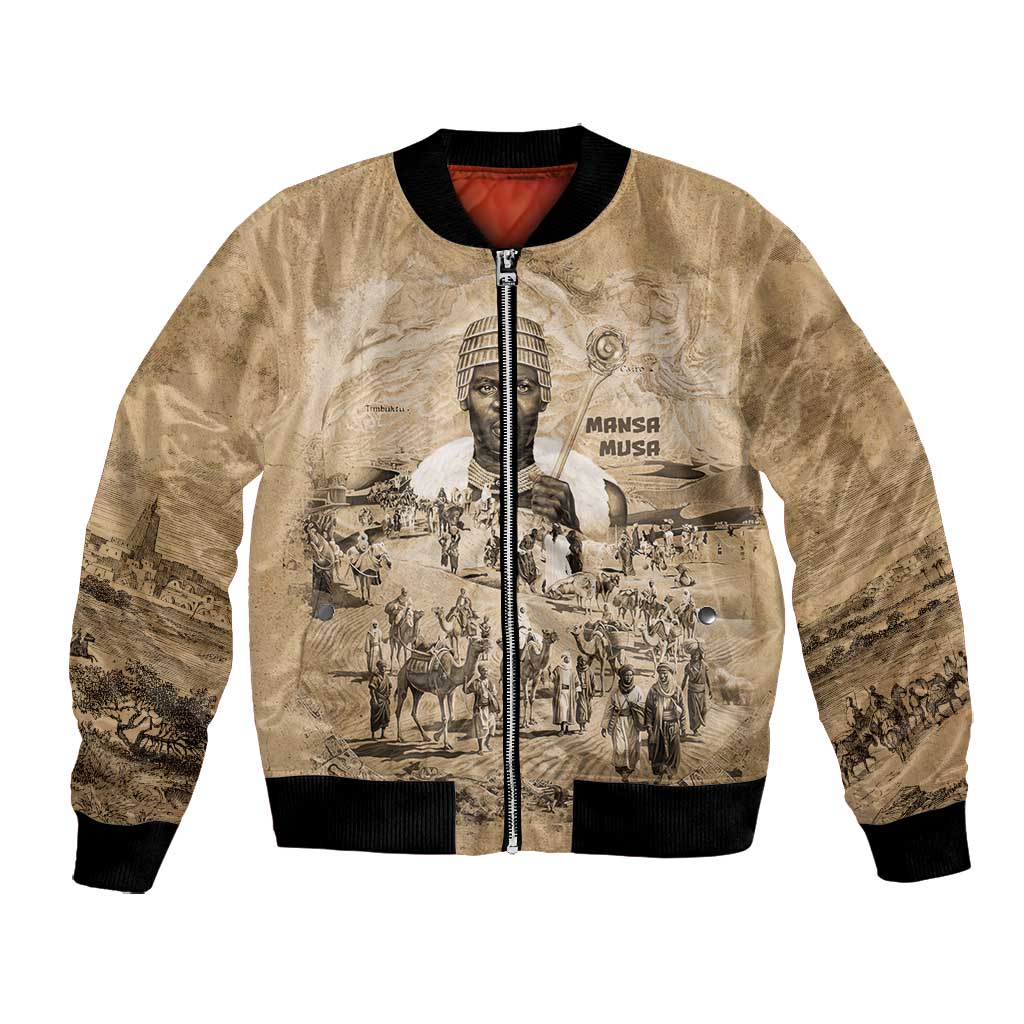 Mansa Musa Bomber Jacket Sepia Map Historic Pilgrimage Empire Expedition 1324 African Royalty Legacy - African Pride