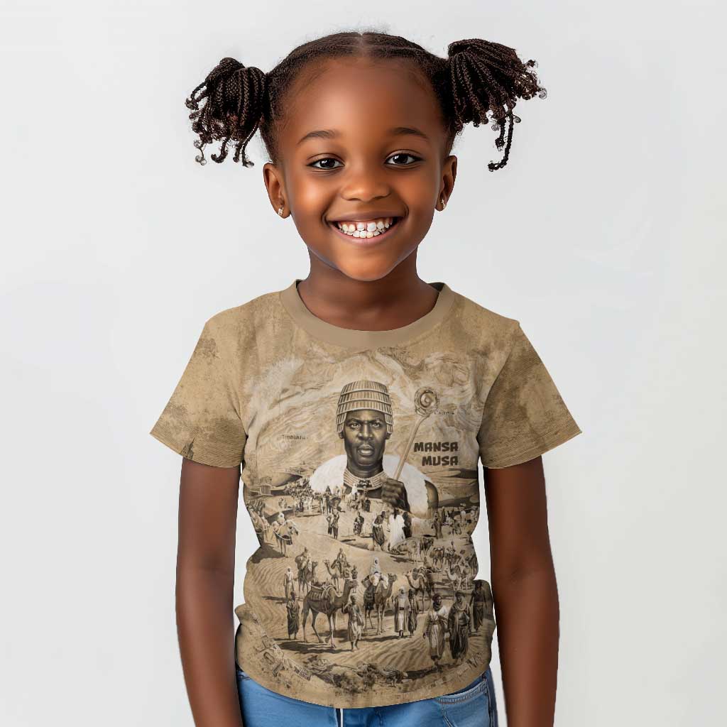 Mansa Musa Kid T shirt Sepia Map Historic Pilgrimage Empire Expedition 1324 African Royalty Legacy - African Pride