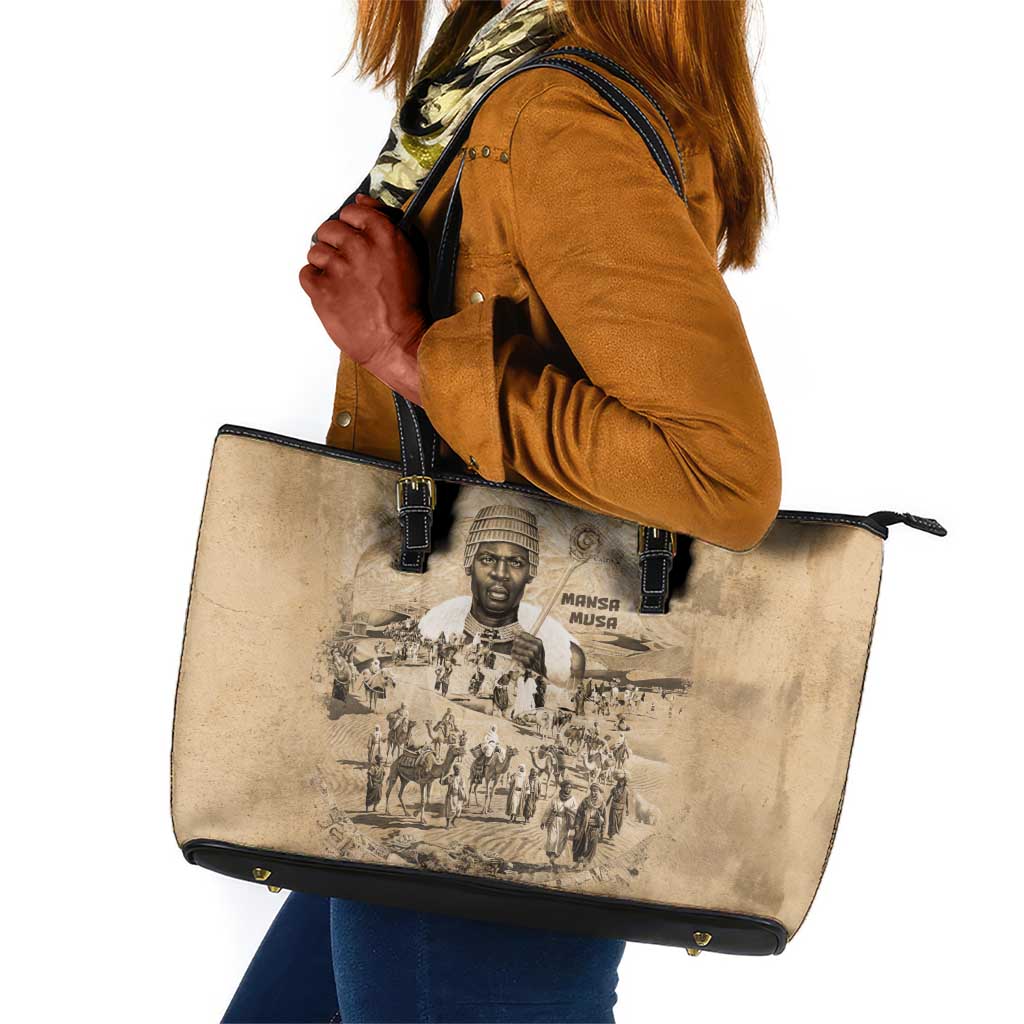 Mansa Musa Leather Tote Bag Sepia Map Historic Pilgrimage Empire Expedition 1324 African Royalty Legacy - African Pride