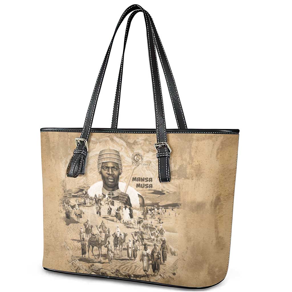 Mansa Musa Leather Tote Bag Sepia Map Historic Pilgrimage Empire Expedition 1324 African Royalty Legacy - African Pride
