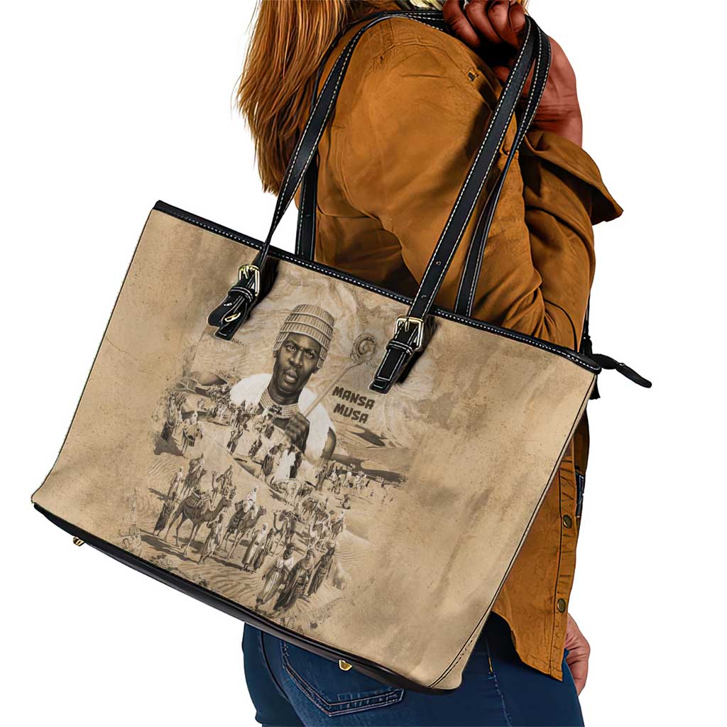 Mansa Musa Leather Tote Bag Sepia Map Historic Pilgrimage Empire Expedition 1324 African Royalty Legacy - African Pride