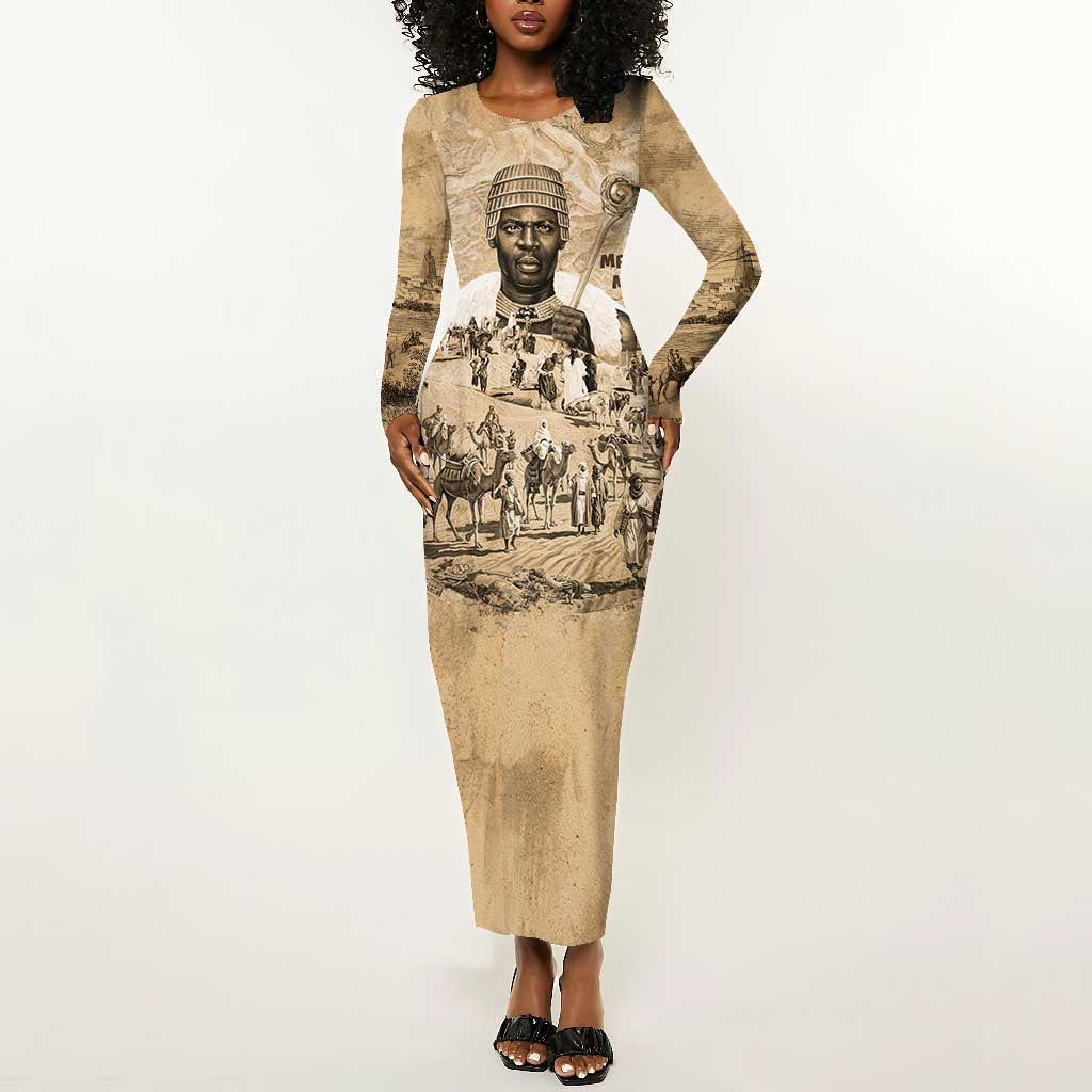 Mansa Musa Long Sleeve Bodycon Dress Sepia Map Historic Pilgrimage Empire Expedition 1324 African Royalty Legacy - African Pride