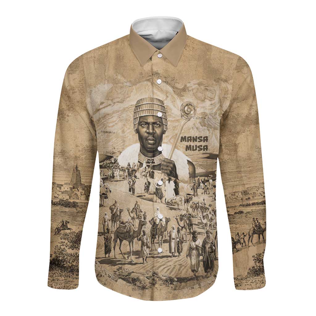 Mansa Musa Long Sleeve Button Shirt Sepia Map Historic Pilgrimage Empire Expedition 1324 African Royalty Legacy - African Pride