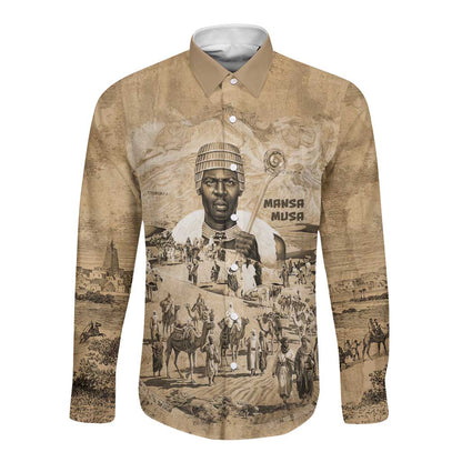 Mansa Musa Long Sleeve Button Shirt Sepia Map Historic Pilgrimage Empire Expedition 1324 African Royalty Legacy - African Pride