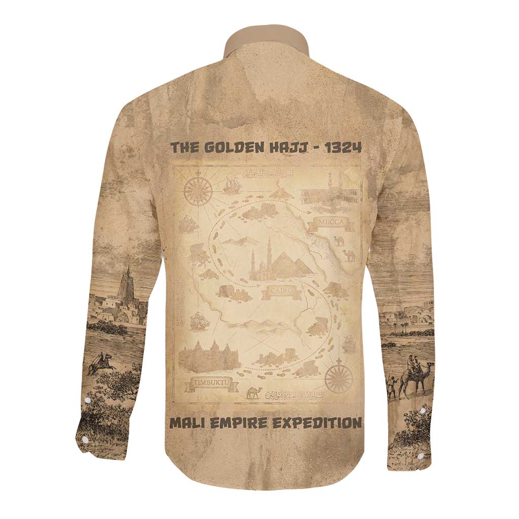 Mansa Musa Long Sleeve Button Shirt Sepia Map Historic Pilgrimage Empire Expedition 1324 African Royalty Legacy - African Pride