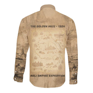 Mansa Musa Long Sleeve Button Shirt Sepia Map Historic Pilgrimage Empire Expedition 1324 African Royalty Legacy - African Pride