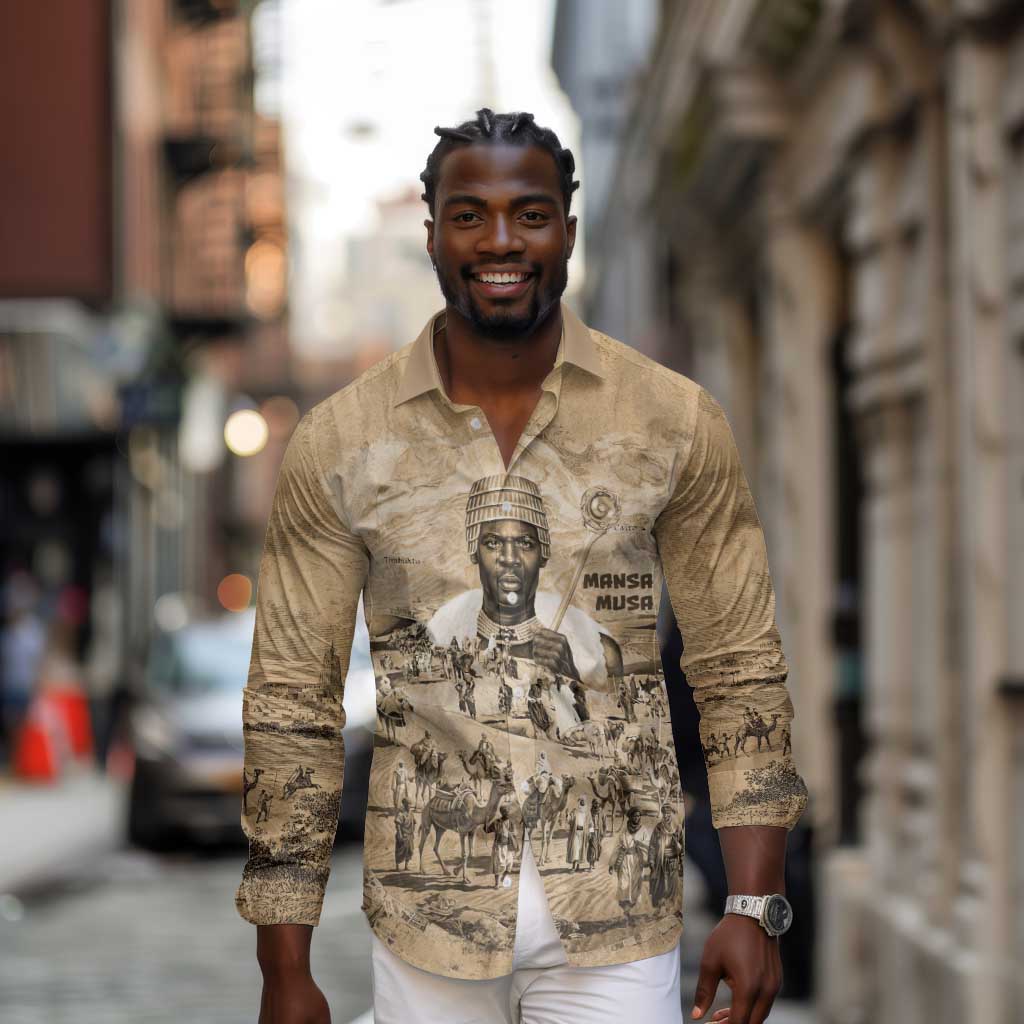 Mansa Musa Long Sleeve Button Shirt Sepia Map Historic Pilgrimage Empire Expedition 1324 African Royalty Legacy - African Pride