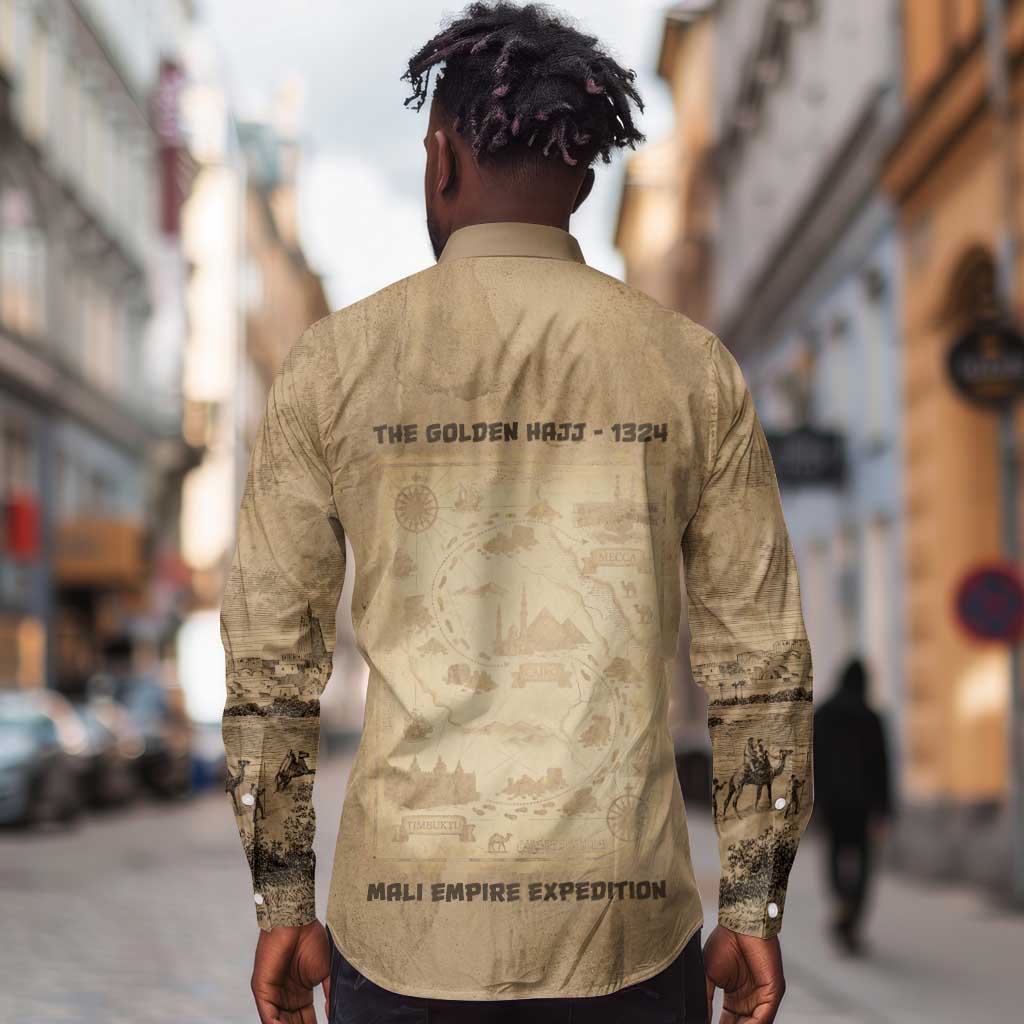 Mansa Musa Long Sleeve Button Shirt Sepia Map Historic Pilgrimage Empire Expedition 1324 African Royalty Legacy - African Pride