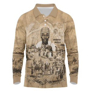 Mansa Musa Long Sleeve Polo Shirt Sepia Map Historic Pilgrimage Empire Expedition 1324 African Royalty Legacy - African Pride