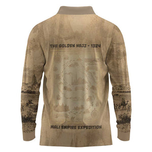 Mansa Musa Long Sleeve Polo Shirt Sepia Map Historic Pilgrimage Empire Expedition 1324 African Royalty Legacy - African Pride