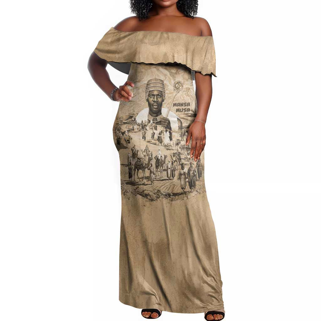 Mansa Musa Off Shoulder Maxi Dress Sepia Map Historic Pilgrimage Empire Expedition 1324 African Royalty Legacy - African Pride