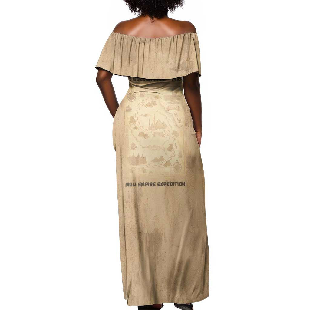 Mansa Musa Off Shoulder Maxi Dress Sepia Map Historic Pilgrimage Empire Expedition 1324 African Royalty Legacy - African Pride