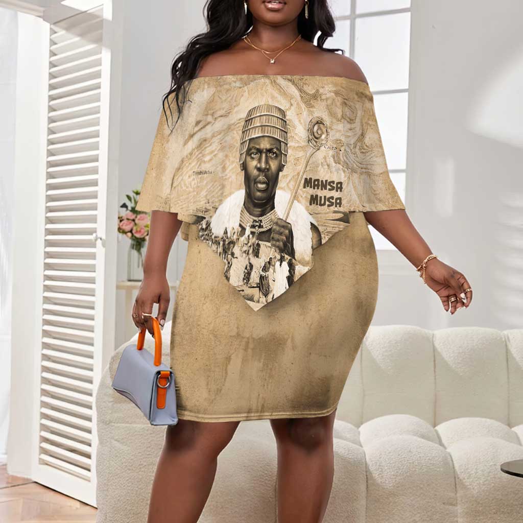 Mansa Musa Off Shoulder Short Dress Sepia Map Historic Pilgrimage Empire Expedition 1324 African Royalty Legacy - African Pride