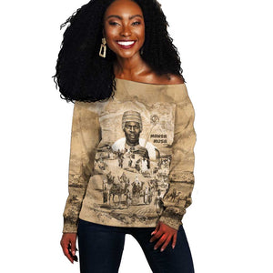 Mansa Musa Off Shoulder Sweater Sepia Map Historic Pilgrimage Empire Expedition 1324 African Royalty Legacy - African Pride