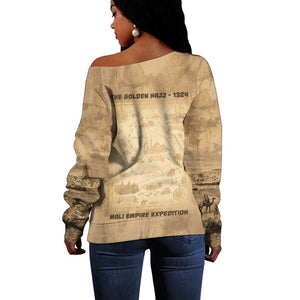 Mansa Musa Off Shoulder Sweater Sepia Map Historic Pilgrimage Empire Expedition 1324 African Royalty Legacy - African Pride