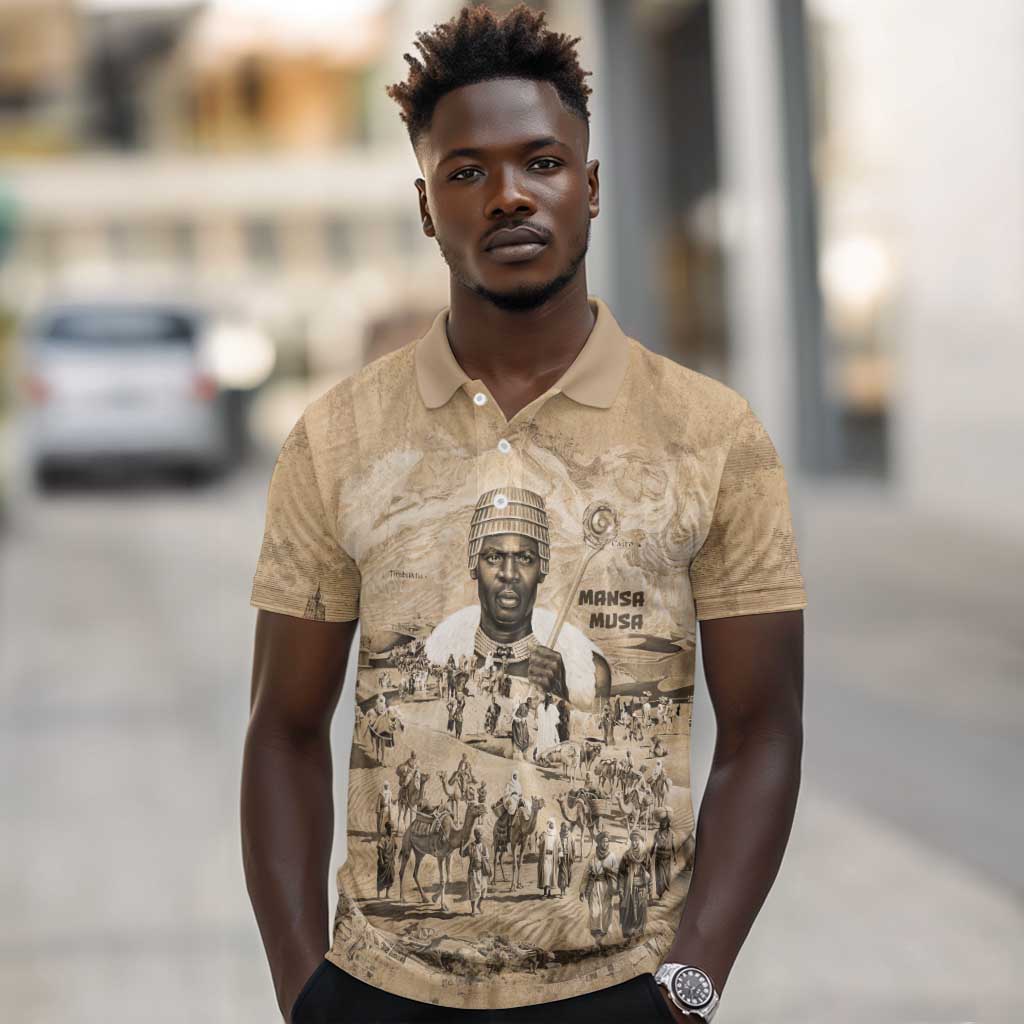 Mansa Musa Polo Shirt Sepia Map Historic Pilgrimage Empire Expedition 1324 African Royalty Legacy - African Pride