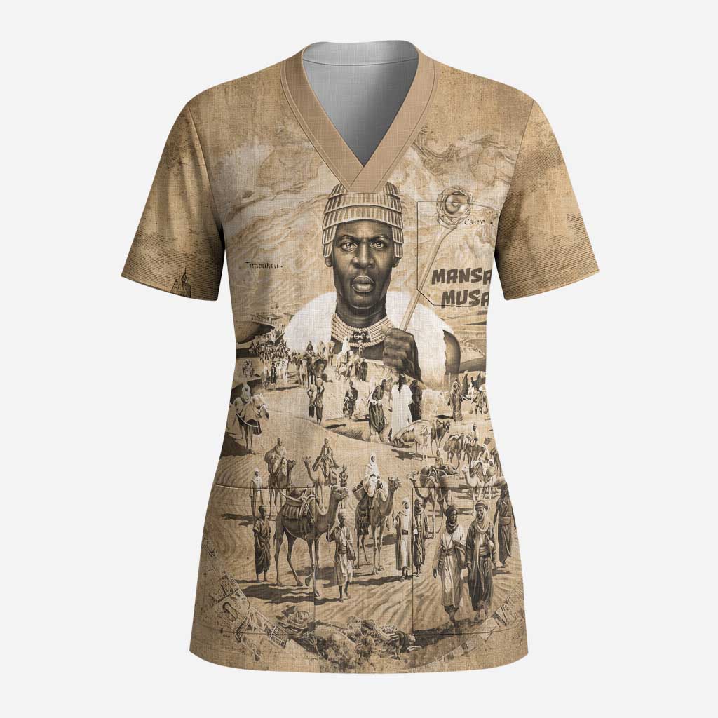 Mansa Musa Scrub Top Sepia Map Historic Pilgrimage Empire Expedition 1324 African Royalty Legacy - African Pride