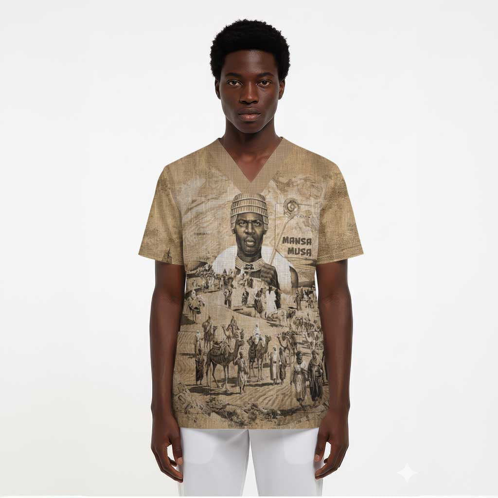Mansa Musa Scrub Top Sepia Map Historic Pilgrimage Empire Expedition 1324 African Royalty Legacy - African Pride