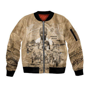 Mansa Musa Sleeve Zip Bomber Jacket Sepia Map Historic Pilgrimage Empire Expedition 1324 African Royalty Legacy - African Pride