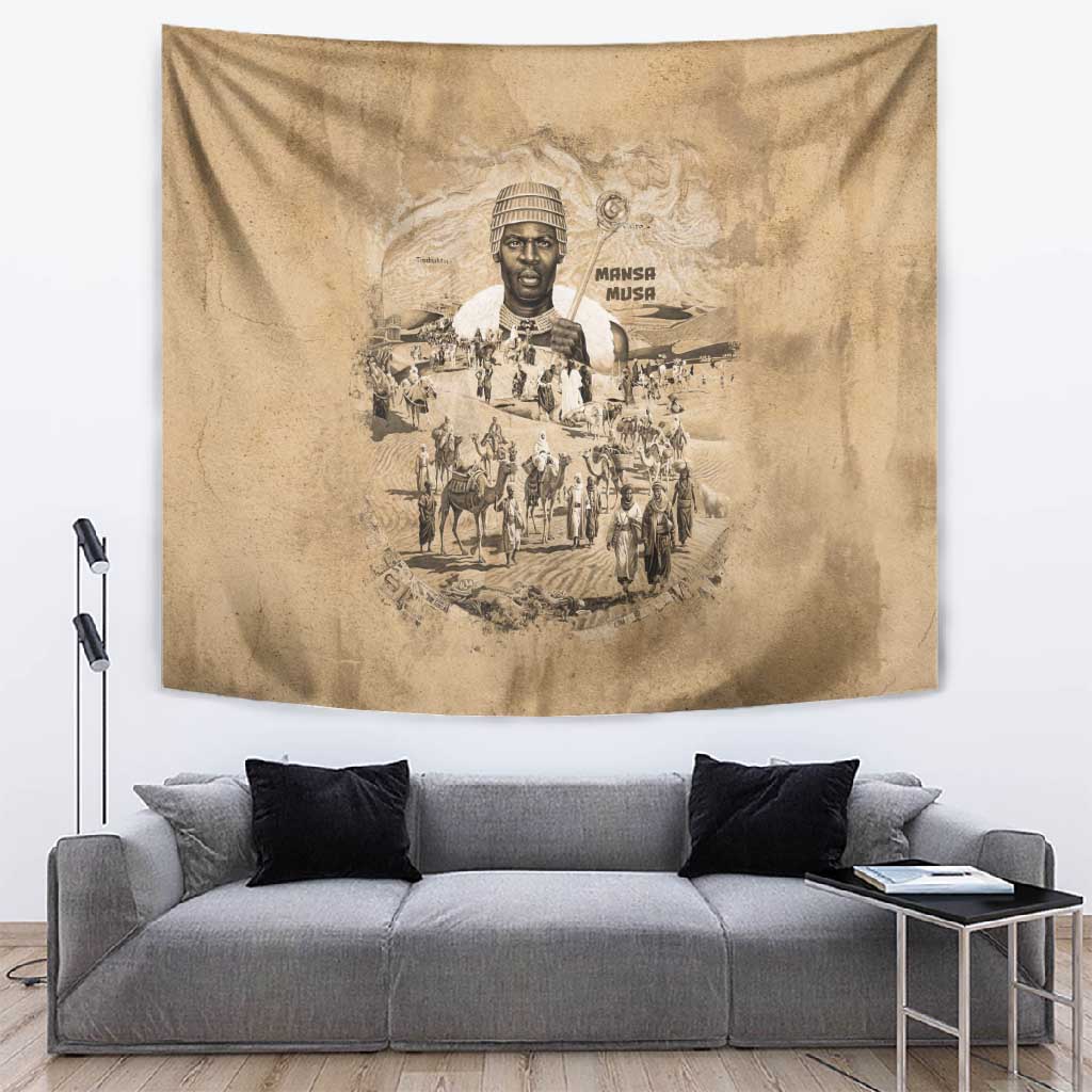 Mansa Musa Tapestry Sepia Map Historic Pilgrimage Empire Expedition 1324 African Royalty Legacy - African Pride