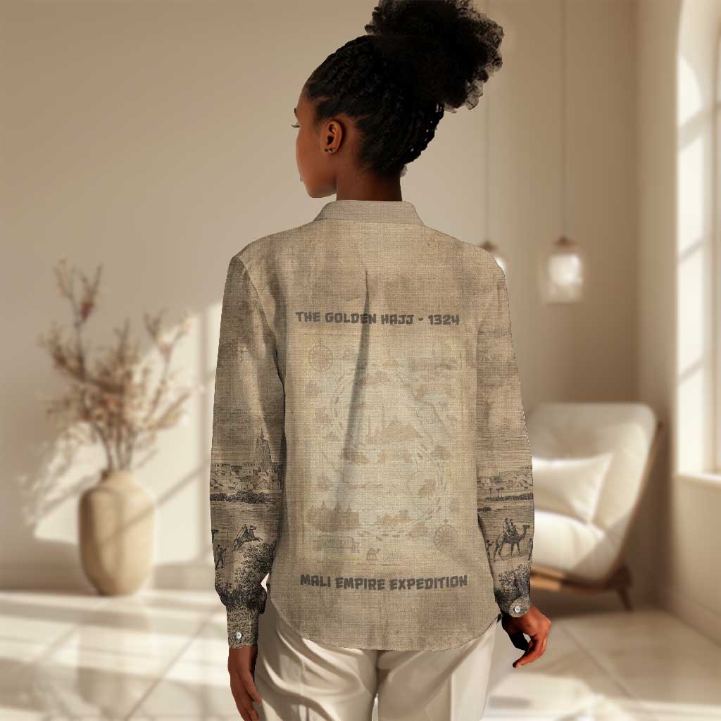 Mansa Musa Women Casual Shirt Sepia Map Historic Pilgrimage Empire Expedition 1324 African Royalty Legacy - African Pride