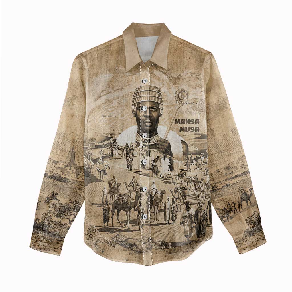 Mansa Musa Women Casual Shirt Sepia Map Historic Pilgrimage Empire Expedition 1324 African Royalty Legacy - African Pride
