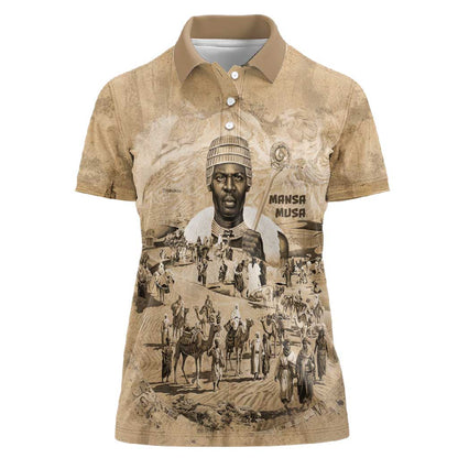 Mansa Musa Women Polo Shirt Sepia Map Historic Pilgrimage Empire Expedition 1324 African Royalty Legacy - African Pride