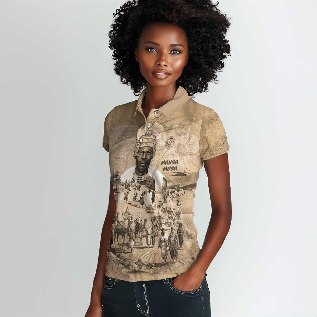 Mansa Musa Women Polo Shirt Sepia Map Historic Pilgrimage Empire Expedition 1324 African Royalty Legacy - African Pride