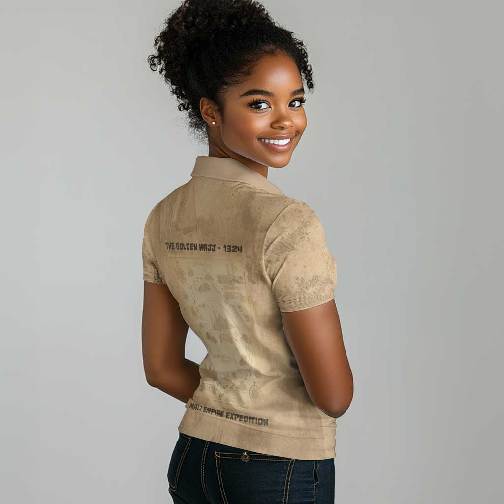 Mansa Musa Women Polo Shirt Sepia Map Historic Pilgrimage Empire Expedition 1324 African Royalty Legacy - African Pride