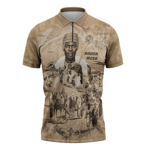 Mansa Musa Zipper Polo Shirt Sepia Map Historic Pilgrimage Empire Expedition 1324 African Royalty Legacy - African Pride
