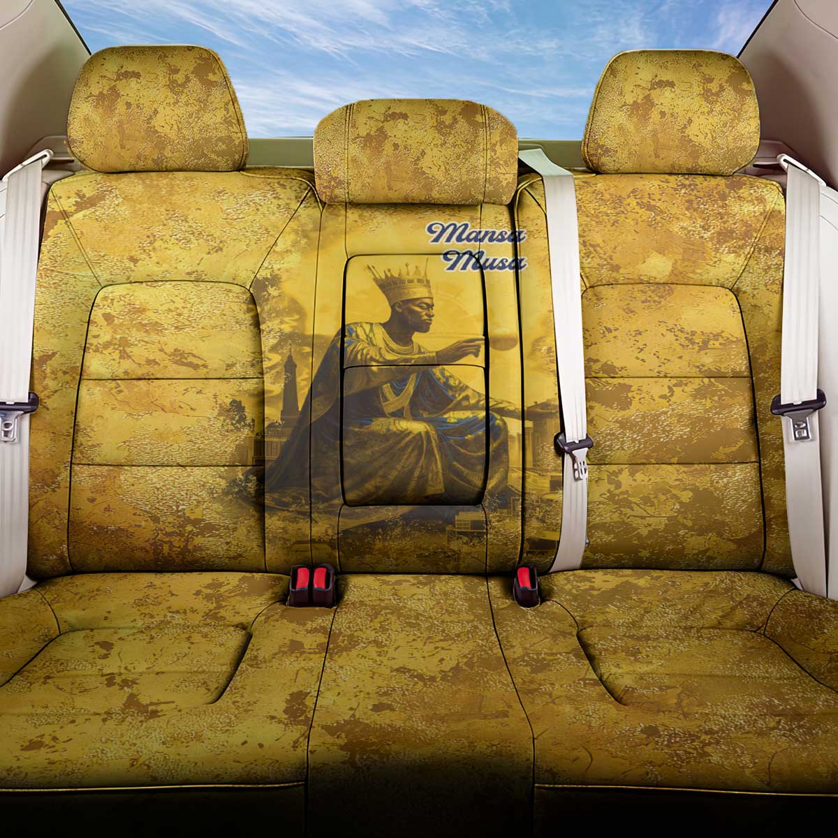 Mansa Musa Back Car Seat Cover Golden Legacy Theme Ancient Map Regal Portrait of Mali Emperor Timbuktu - African Pride
