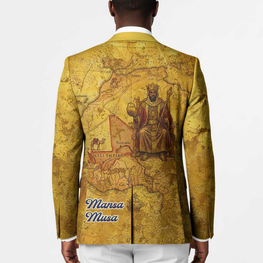 Mansa Musa Blazer Golden Legacy Theme Ancient Map Regal Portrait of Mali Emperor Timbuktu - African Pride