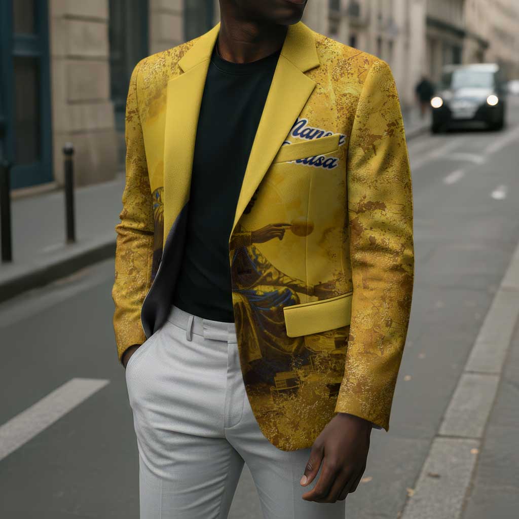 Mansa Musa Blazer Golden Legacy Theme Ancient Map Regal Portrait of Mali Emperor Timbuktu - African Pride
