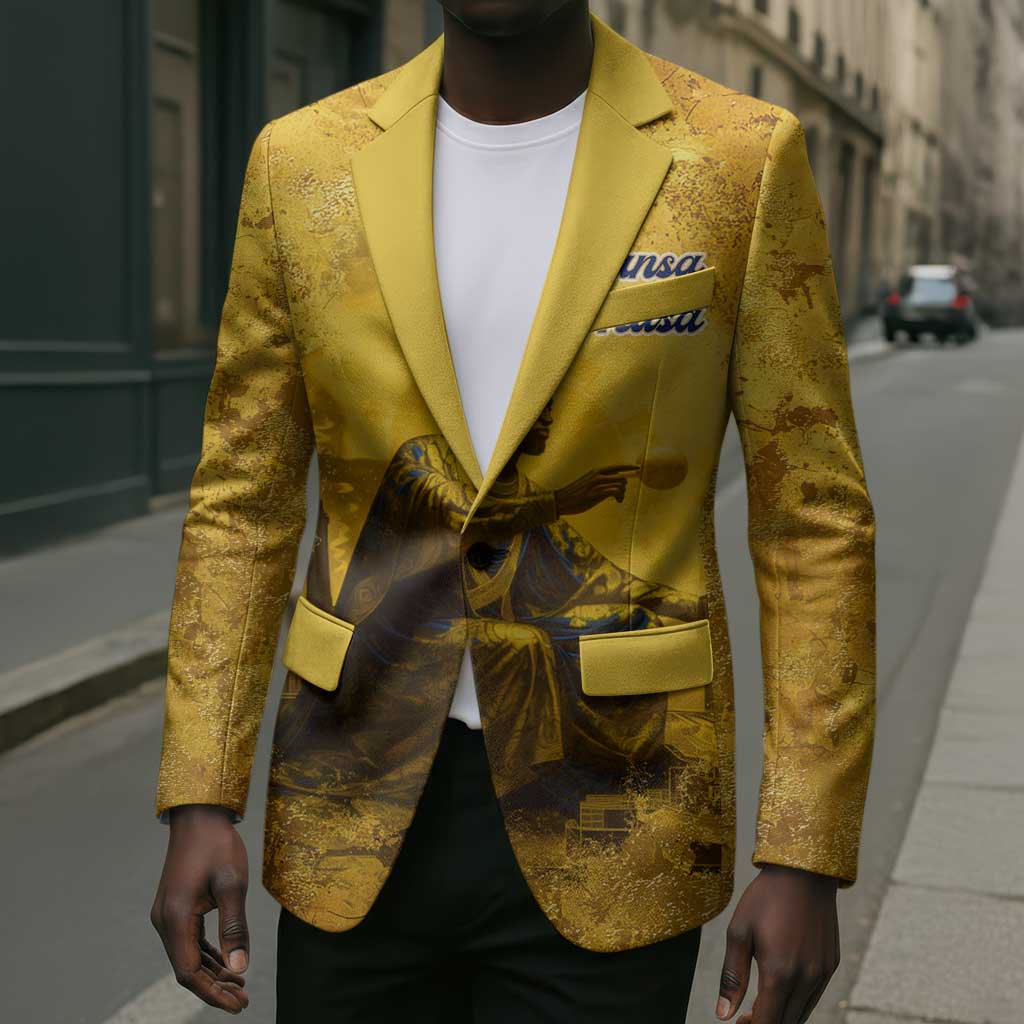 Mansa Musa Blazer Golden Legacy Theme Ancient Map Regal Portrait of Mali Emperor Timbuktu - African Pride