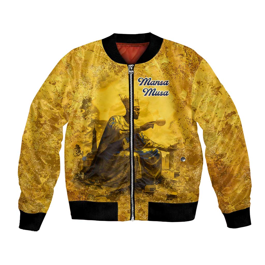 Mansa Musa Bomber Jacket Golden Legacy Theme Ancient Map Regal Portrait of Mali Emperor Timbuktu - African Pride